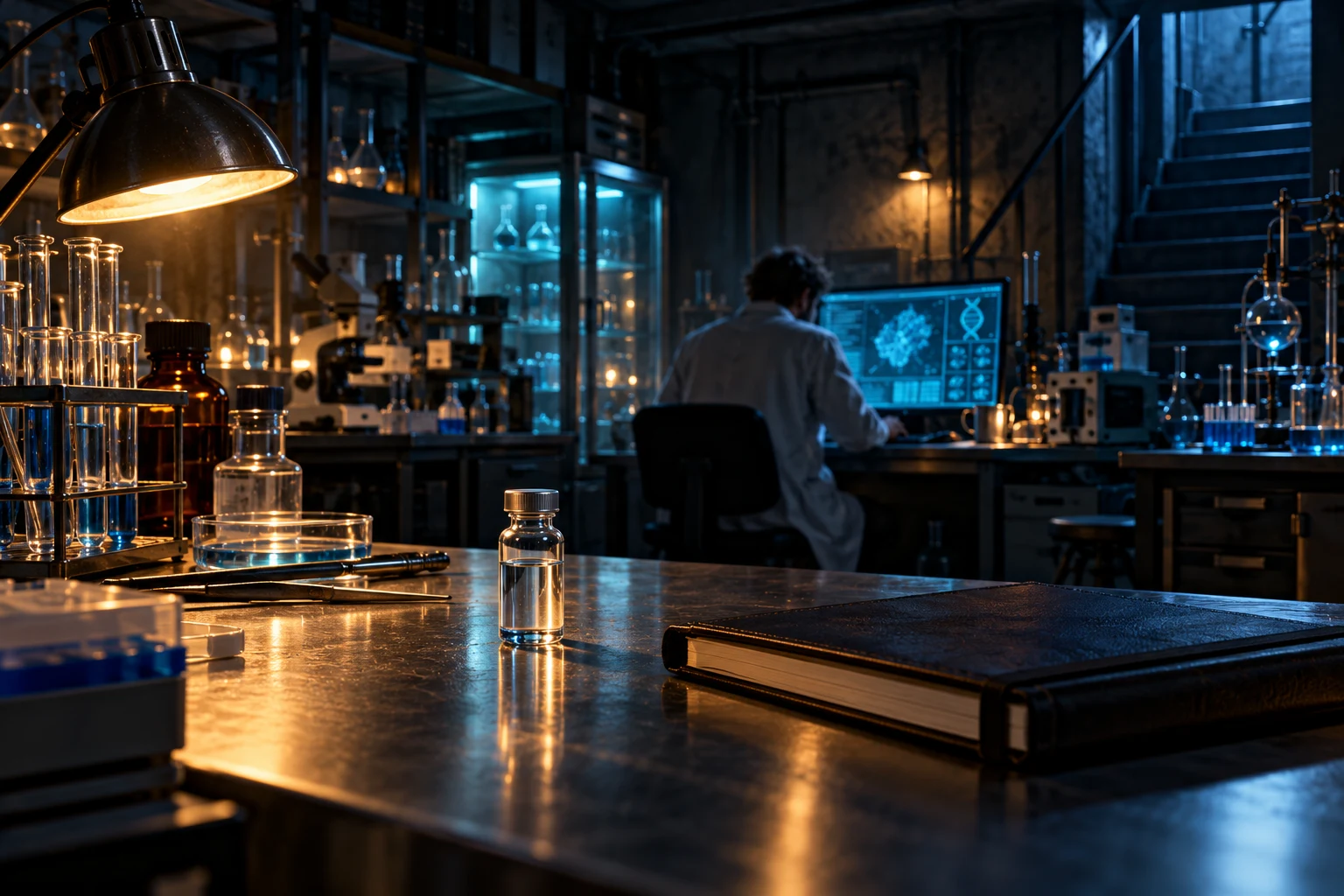 A glass vial rests on a dark laboratory bench while a scientist works late into the night