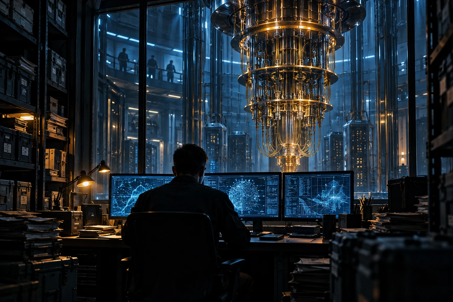 An intelligence analyst studies glowing monitors beside a powerful quantum computer